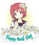  1girl akakokko akaza_akari double_bun flower hair_bun hair_flower hair_ornament happy_birthday looking_at_viewer open_mouth redhead school_uniform serafuku smile solo upper_body violet_eyes yuru_yuri 