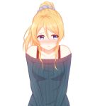  1girl ayase_eli bare_shoulders blonde_hair blue_eyes blush breasts highres love_live!_school_idol_project mikhail_n ponytail pout short_hair simple_background solo sweater white_background 
