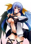 1girl blue_hair blush breasts dd_mayohara dizzy guilty_gear large_breasts long_hair looking_at_viewer navel red_eyes simple_background solo tail thigh-highs twintails under_boob white_background wings