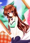  bed bottomless bow breasts brown_hair hair_bow large_breasts long_hair pillow red_eyes reiuji_utsuho smile thigh-highs third_eye touhou 
