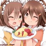  2girls absurdres alternate_costume artist_name brown_eyes brown_hair fang folded_ponytail food hair_between_eyes hair_ornament hairclip highres holding_plate ikazuchi_(kantai_collection) inazuma_(kantai_collection) kantai_collection looking_at_viewer maid maid_headdress multiple_girls namekuzi_mame omurice one_eye_closed open_mouth plate short_hair smile 