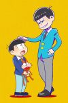  2boys artist_request black_hair bowl_cut carrying cat dual_persona formal male_focus multiple_boys osomatsu-kun osomatsu-san osomatsu_(osomatsu-kun) smile standing suit time_paradox yellow_background 