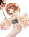  1girl alternate_costume brown_eyes brown_hair commentary_request fan fang hair_ornament hairclip ikazuchi_(kantai_collection) japanese_clothes kantai_collection kimono kotanuki_329 looking_at_viewer obi open_mouth paper_fan sash short_hair smile uchiwa white_background yukata 