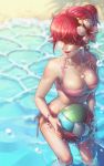  1girl beach_volleyball bikini breasts cleavage earrings flower hair_flower hair_ornament hair_over_eyes jewelry necklace open_mouth pink_bikini redhead shell shermie side-tie_bikini solo spade-m swimsuit the_king_of_fighters wading water 