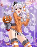  1girl 2015 alternate_color amatsukaze_(kantai_collection) black_panties blush candy covering covering_crotch cowboy_shot dated dress garter_straps gloves hair_tubes halloween hat jack-o&#039;-lantern kantai_collection long_hair looking_at_viewer mini_hat neko_danshaku open_mouth panties pantyshot pantyshot_(standing) purple_background rensouhou-kun short_dress silver_hair single_glove solo standing star striped striped_legwear thigh-highs trick_or_treat twitter_username two_side_up underwear witch_hat 