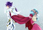  1boy 1girl armor blue_eyes blue_hair bow cape covering_face gullinbursti_frodi hair_bow jobo_(isi88) long_hair lyfia_(saint_seiya:_soul_of_gold) purple_hair saint_seiya saint_seiya:_soul_of_gold snowing 