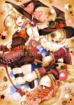  1girl apron arm_warmers baggy_shorts basket belt blonde_hair boots bow braid broom candy capelet commentary_request cookie fingerless_gloves food funnyfunny gloves hat hat_bow jack-o&#039;-lantern kirisame_marisa lollipop looking_at_viewer open_mouth single_braid solo star steampunk thigh-highs touhou traditional_media waist_apron white_legwear witch_hat yellow_eyes 