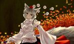  1girl animal_ears autumn_leaves bandages cowboy_shot detached_sleeves expressionless hat highres holding_sword holding_weapon inubashiri_momiji long_sleeves looking_at_viewer sword tail tokin_hat touhou weapon white_hair wide_sleeves wolf_ears wolf_tail yellow_eyes yrjxp065 
