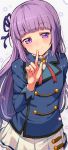  1girl aikatsu! arms_behind_back blush finger_to_mouth hair_ribbon haruken hikami_sumire long_hair looking_at_viewer purple_hair ribbon smile solo violet_eyes 