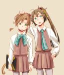  2girls akigumo_(kantai_collection) blue_eyes brown_hair green_eyes hair_ribbon kantai_collection kazagumo_(kantai_collection) long_hair multiple_girls pantyhose pen ponytail ribbon school_uniform shakeda_mamoshirou sketchbook 