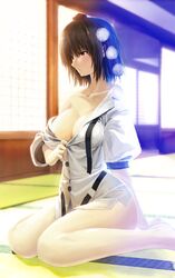  1girl anniversary backlighting bare_legs barefoot black_hair breasts cleavage collarbone hat hat_ribbon highres large_breasts matsuki_akira naked_shirt no_bra open_clothes open_shirt pom_pom_(clothes) red_eyes ribbon shameimaru_aya shirt short_hair simple_background sitting solo tatami tokin_hat touhou wariza white_background 