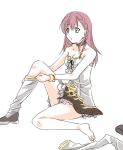  1girl atelier_(series) atelier_escha_&amp;_logy bracelet braid choker escha_malier green_eyes jewelry karasiro long_hair pink_hair solo thigh-highs undressing white_background white_legwear 