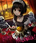  ! 1girl bangs black_hair brown_eyes cake choker clouds cross cup curtains english eyeball fang food fork frills ghost graveyard halloween happy_halloween highlights jack-o&#039;-lantern lace-trimmed_sleeves lamp looking_at_viewer looking_to_the_side multicolored_hair orange_sky original pink_hair plate puffy_short_sleeves puffy_sleeves pumpkin short_sleeves skeleton sky solo stitches sun table tea tea_set teacup teapot tombstone twilight ume_(illegal_bible) upper_body waitress window 