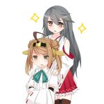  2girls antenna_hair ascot bare_shoulders black_hair blonde_hair breasts brown_eyes detached_sleeves double_bun dress_shirt hair_bun hair_ornament hairband hairclip haruna_(kantai_collection) headgear headgear_removed japanese_clothes kantai_collection long_hair michishio_(kantai_collection) multiple_girls nontraditional_miko open_mouth shirt short_hair short_twintails skirt smile solo sparkle sparkling_eyes suspenders tun twintails yellow_eyes 