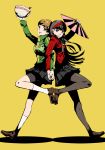  2girls amagi_yukiko back-to-back bangs bike_shorts black_hair black_legwear bowl brown_hair fan food hairband highres holding kneehighs long_hair looking_at_viewer multiple_girls nanaya_(daaijianglin) noodles pantyhose paper_fan persona persona_4 pleated_skirt ramen satonaka_chie short_hair skirt track_jacket white_legwear yellow_background 