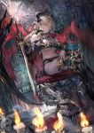  1girl armor bikini_armor blonde_hair breasts candle cleavage horns looking_at_viewer original pointy_ears ran_(pixiv2957827) red_eyes sitting solo sword tail thigh-highs throne under_boob weapon wings 