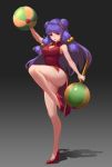  1girl :o absurdres bangs bell china_dress chinese_clothes cleavage_cutout double_bun dress dual_wielding full_body gradient gradient_background hair_bell hair_ornament high_heels highres long_hair mace one_leg_raised pandako purple_hair ranma_1/2 red_dress red_shoes shadow shampoo_(ranma_1/2) shoes side_slit sleeveless sleeveless_dress solo standing standing_on_one_leg violet_eyes weapon 