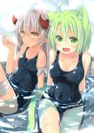  2girls ahoge animal_ears bandages cat_ears cat_tail dodome-iro_mayonnaise green_eyes green_hair grey_hair horns long_hair looking_at_viewer multiple_girls open_mouth original partially_submerged pointy_ears school_swimsuit sharon_(dodomayo) short_hair sitting swimsuit tail water yellow_eyes 