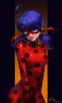  1girl ahoge ango artist_name blue_eyes blue_hair bodysuit breasts highres ladybug_(character) long_hair looking_at_viewer mask miraculous_ladybug parted_lips polka_dot simple_background solo twintails 