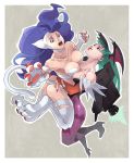  2girls ai-eye animal_ears ass bat_print blue_eyes blue_hair breasts capcom cat_ears cat_tail claws cleavage demon_girl docking elbow_gloves felicia gloves green_eyes green_hair head_wings large_breasts long_hair morrigan_aensland multiple_girls open_mouth paws smile succubus tail vampire_(game) 