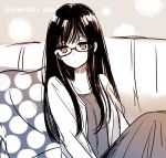  1girl black_hair character_name couch glasses himawari-san himawari-san_(character) long_hair long_skirt looking_away monochrome official_art pillow skirt solo sugano_manami sweater tagme 