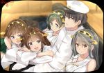  1boy 4girls admiral_(kantai_collection) bare_shoulders black_hair blush brown_hair crossed_arms detached_sleeves facial_hair glasses green-framed_glasses hair_ornament hairband haruna_(kantai_collection) hat hiei_(kantai_collection) isshiki_(ffmania7) japanese_clothes kantai_collection kirishima_(kantai_collection) kongou_(kantai_collection) long_hair lying_on_person military military_uniform multiple_girls naval_uniform nontraditional_miko open_mouth short_hair skirt smile stubble uniform 