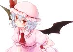  1girl :&lt; ascot bat_wings blush bow hat hat_bow honotai lavender_hair leaning_forward looking_at_viewer mob_cap red_eyes remilia_scarlet short_hair simple_background solo touhou white_background wings wrist_cuffs 