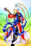  1boy blonde_hair blue_eyes boots hat instrument johnny_shiden midnigh_aqua open_mouth solo tales_of_(series) tales_of_destiny 