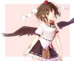  1girl black_wings brown_hair hat honotai looking_at_viewer one_eye_closed pink_background pointy_ears pom_pom_(clothes) puffy_sleeves ribbon shameimaru_aya shirt short_hair short_sleeves skirt smile solo string tokin_hat touhou wings 