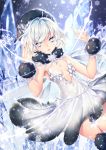  1girl bare_shoulders bracelet dress grey_eyes hat ice ice_wings jewelry looking_at_viewer mirunai no_bra original parted_lips pointy_ears short_hair silver_hair sleeveless sleeveless_dress snowflakes solo wings 