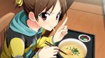  angry bow bowl brown_hair chopsticks eating egg_yolk food game_cg go!_go!_nippon!_2015 go!_go!_nippon!_~my_first_trip_to_japan~ hair_bow highres hoodie misaki_akira noodles official_art plate pointing pointing_up ponytail red_eyes short_hair sitting tray zipper 