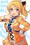 1girl ayase_eli blonde_hair blue_eyes breasts earrings hand_on_hip happy_birthday haruken jewelry looking_at_viewer love_live!_school_idol_project necktie open_mouth ponytail short_hair smile solo sunny_day_song 