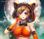  1girl :q animal_costume artist_name bowtie breasts brown_hair elbow_gloves full_moon gloves headphones hood large_breasts looking_at_viewer mabong1989 meiko moon musical_note number orange_gloves pink_eyes solo tongue tongue_out upper_body vocaloid watermark web_address wolf_costume 