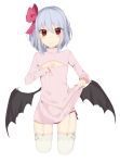  &gt;:) 1girl alternate_costume bat_wings blue_hair blush bow breasts cleavage cowboy_shot garter_straps hair_bow highres no_hat no_pants open-chest_sweater panties purple_panties red_eyes remilia_scarlet ribbed_sweater shirt_lift short_hair side-tie_panties simple_background small_breasts smile solo sweater thigh-highs touhou underwear white_background wings yuunagi_(yuuna001) 
