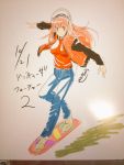  1girl back_to_the_future boots breasts cosplay denim headphones hover_board jacket jeans large_breasts long_hair looking_at_viewer marty_mcfly marty_mcfly_(cosplay) nitroplus open_clothes open_jacket pants parody pink_hair red_eyes sketch solo super_sonico tayutayu2 traditional_media 