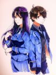  1boy 1girl aldnoah.zero brother_and_sister brown_eyes brown_hair complex_fracture eyepatch kaizuka_inaho kaizuka_yuki long_hair military military_uniform necktie purple_hair short_hair siblings skirt smile uniform 