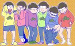  6+boys :&gt; :3 black_hair briefs brothers choromatsu closed_eyes commentary_request hands_in_pockets hands_on_hips heart heart_in_mouth hoodie ichimatsu index_finger_raised jyushimatsu karamatsu male_focus messy_hair multiple_boys no_pants osomatsu-kun osomatsu-san osomatsu_(osomatsu-kun) pen polka_dot polka_dot_background sandals sextuplets siblings sleeves_past_wrists smile socks todomatsu underwear undressing wall-eyed 