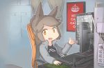  1girl animal_ears borisx brown_eyes brown_hair chair computer_keyboard computer_mouse highres monitor open_mouth original ponytail short_hair sitting solo 