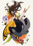  1girl brown_hair butterfly butterfly_wings dress flower highres kurokeisin long_hair original solo wings 