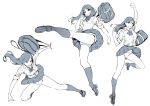  1girl bag character_sheet kicking kneehighs loafers long_hair looking_at_viewer monochrome open_mouth original panties pleated_skirt ribbon school_bag school_uniform shoes simple_background skirt smile solo twinpoo underwear white_background 