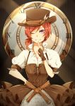  1girl artist_request clock corset fingerless_gloves gloves hat looking_at_viewer love_live!_school_idol_project nishikino_maki one_eye_closed ponytail redhead short_hair smile solo steampunk violet_eyes 