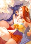  2girls ahri animal_ears bangs blue_hair bow braid breasts cleavage closed_eyes closed_mouth eyelashes feng_dai_hr flower fox_ears fox_tail hair_flower hair_ornament half-closed_eyes league_of_legends leaning_back leona_(league_of_legends) long_hair multiple_girls multiple_tails nail_polish orange_hair pink_lips purple_nails red_lips sitting sleeveless slit_pupils smile tail very_long_hair whiskers yellow_bow yuri 
