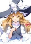  1girl blonde_hair blush bow cover cover_page doujin_cover hand_on_own_chest hat kirisame_marisa long_hair looking_at_viewer smile solo touhou witch_hat yellow_eyes yuuzii 