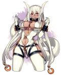  1girl :d bodysuit breasts center_opening cleavage cuffs dark_skin dragon_girl dragon_horns dragon_tail fang horns katagiri_hachigou keyhole large_breasts long_hair looking_at_viewer navel o-ring open_mouth original shackles simple_background smile solo tail upper_body very_long_hair yellow_eyes zipper 