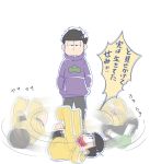  2boys artist_request black_hair brothers hands_in_pockets hoodie ichimatsu jitome jyushimatsu male_focus messy_hair multiple_boys osomatsu-kun osomatsu-san siblings sleeves_past_wrists slippers standing translation_request 