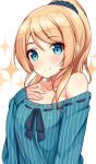  1girl ayase_eli bare_shoulders blonde_hair blue_eyes breasts long_hair love_live!_school_idol_project ponytail shuuichi smile solo sweater 