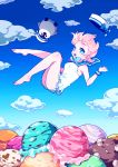  1girl barefoot bird blue_eyes blue_sky bowtie clouds dixie_cup_hat falling food full_body hat hat_removed headwear_removed highres ice_cream kisaragiyuu military_hat original penguin pink_hair sailor_dress sky wrist_cuffs 