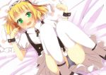  1girl animal_ears ass black_dress black_panties blonde_hair blush dress gochuumon_wa_usagi_desu_ka? green_eyes kirima_sharo legs_up looking_at_viewer lying maid_headdress on_back open_mouth panties pillow puffy_short_sleeves puffy_sleeves rabbit_ears shirt short_sleeves solo thigh-highs thighs underwear upskirt white_legwear wrist_cuffs yuimari 