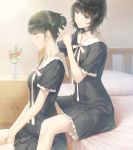  2girls bangs bed black_dress black_hair blunt_bangs brown_hair chair dress flower flowers_(innocent_grey) from_side game_cg hair_up hairdressing hands_together highres indoors multiple_girls official_art on_bed parted_lips pillow profile ribbon school_uniform short_dress short_hair short_sleeves sitting sitting_on_bed sugina_miki takasaki_chidori vase white_ribbon yaegaki_erika 