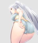  1girl ass breasts brown_eyes from_below large_breasts long_hair original ponytail shorts silver_hair simple_background solo sports_bra very_long_hair yasuyuki 